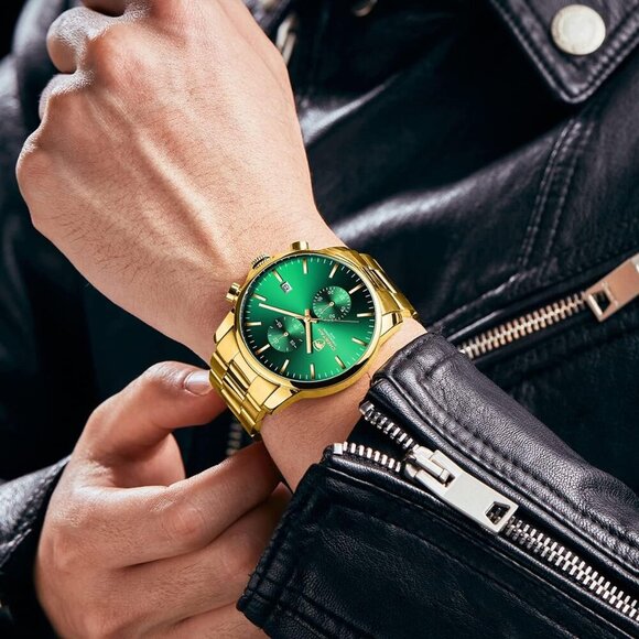 GOLDEN HOUR Men's Gold Green Stainless Steel Chronograph Quartz Watch Waterproof - Picture 7 of 7